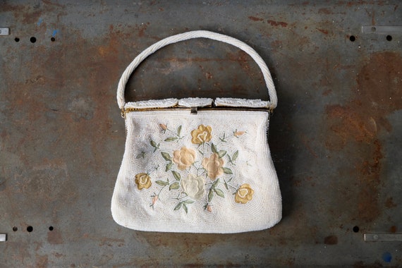 Vintage 1940s Floral White Beaded Evening Handbag
