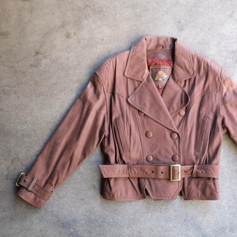 Vintage 90s Adventure Bound Double Breasted Belted Brown Leather Jacket Medium image 1