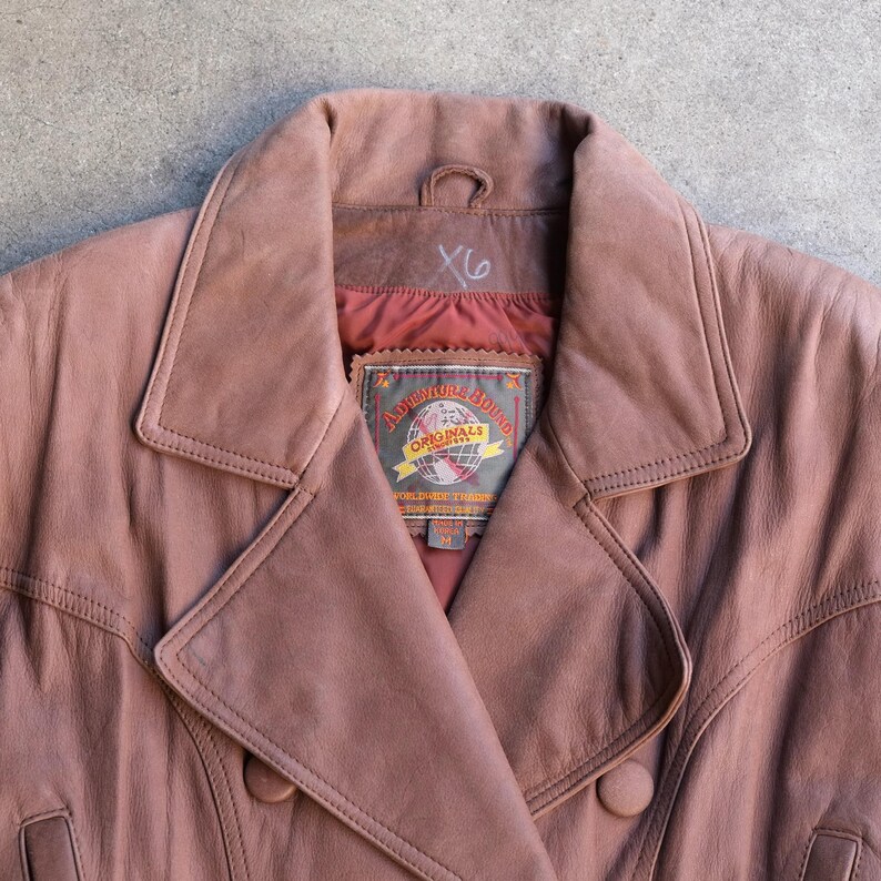 Vintage 90s Adventure Bound Double Breasted Belted Brown Leather Jacket Medium image 2