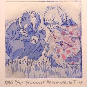 May include: A blue and pink linocut print of two children sitting on the ground. The children are looking down and appear to be talking. The print is signed "tpci 4/40 'sicneus' Hanna-Riikula T-24".