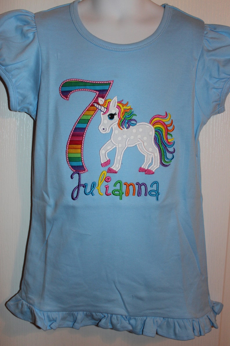 any number rainbow colors birthday tshirt or ruffle dress Unicorn 7th birthday