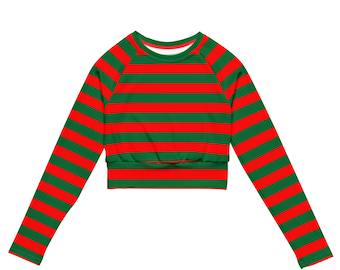 May include: A long-sleeved crop top with a red and green striped pattern. The top has a round neckline and a fitted waist. The sleeves are long and the fabric appears to be a stretchy material.