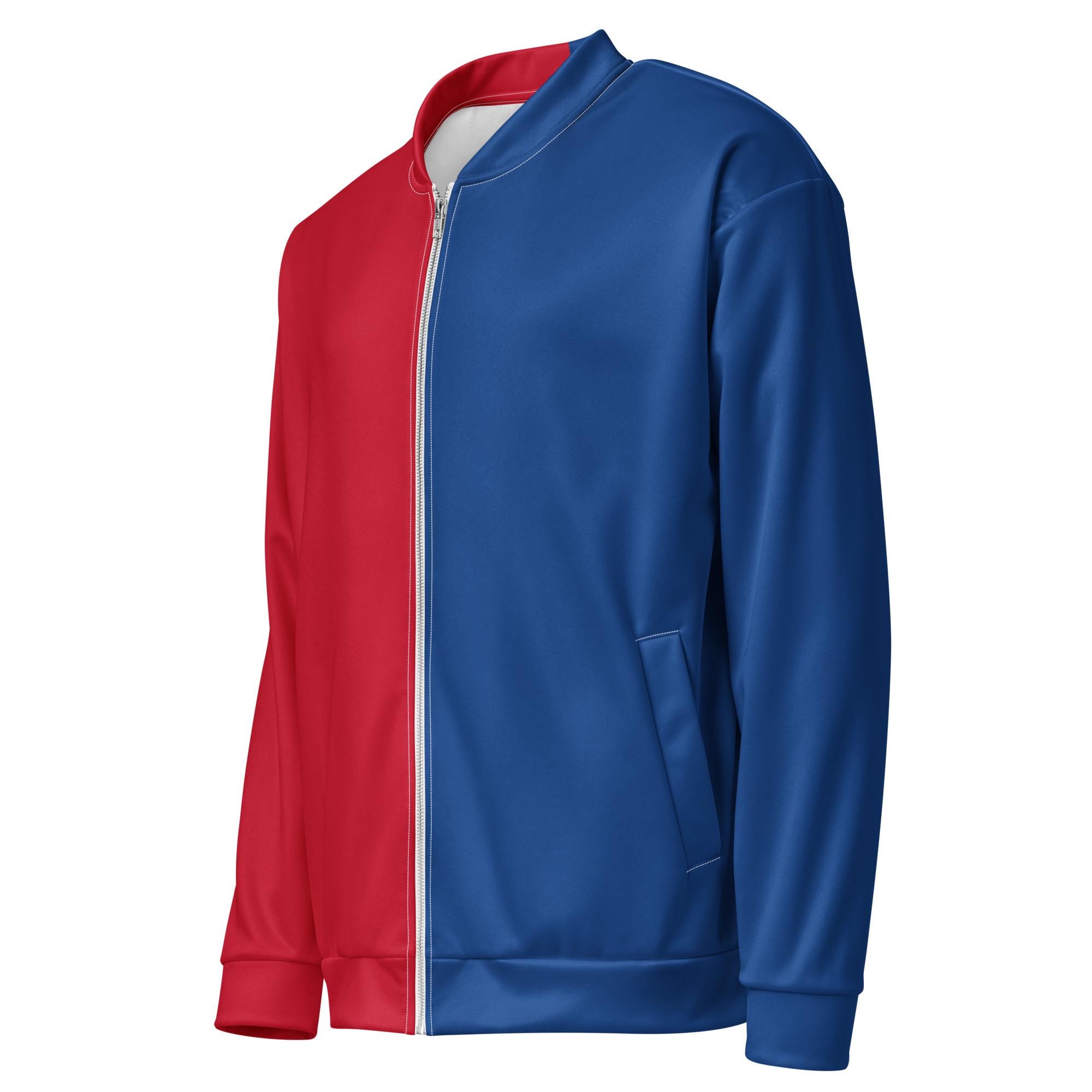 Split Color Unisex Bomber Jacket | Red & Blue Harlequin Style