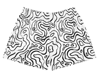 May include: White athletic shorts with a black, abstract, topographic pattern. The shorts have an elastic waistband and a relaxed fit. The design features a series of interconnected, organic lines, creating a unique visual texture. The shorts are made of a lightweight, breathable fabric.