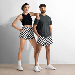 Checkerboard Print Shorts - Black and White Skater Shorts - Y2K Retro Streetwear - Unisex Summer Festival Bottoms