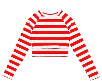 May include: A red and white striped long-sleeve crop top. The top features horizontal stripes and a crew neck. The sleeves are long and extend to the wrists. The bottom of the top is elasticized.