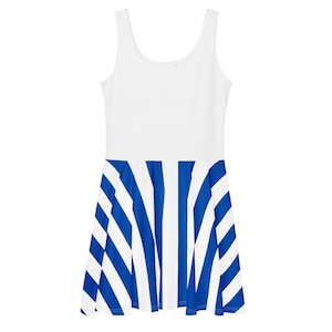 Nautical Skater Dress - White Top with Blue & White Striped Skirt - Sailorcore Retro Dress - Cute Summer Fit