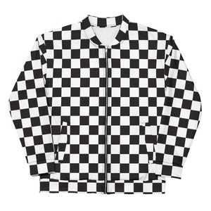 May include: A black and white checkered bomber jacket with a full-length zipper closure. The jacket features a classic checkerboard pattern, with black and white squares. The jacket has two front pockets and ribbed cuffs and hem.