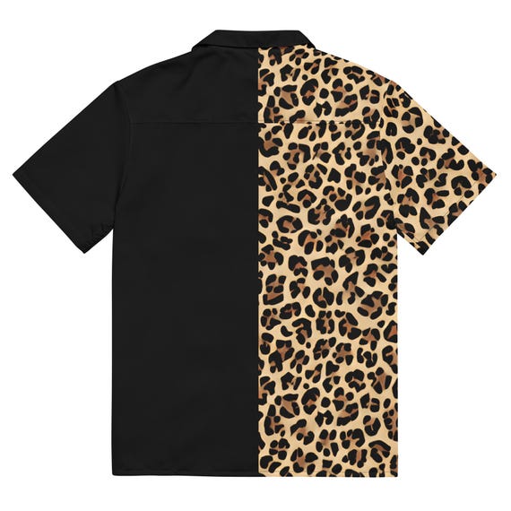 Split Black and Leopard Cheetah Print Button-Up Shirt | Recycled Polyester Unisex Top