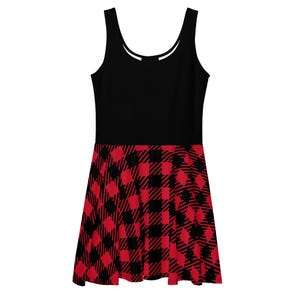 Könnte beinhalten: Ärmelloses Skaterkleid mit schwarzem Oberteil und rot-schwarz kariertem Rock. Das Kleid hat einen Rundhalsausschnitt und einen ausgestellten Rock, perfekt für einen lässigen oder halbformellen Look. Das Karomuster verleiht einen klassischen Touch.