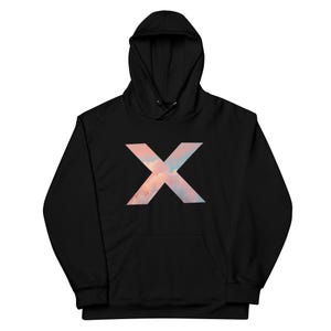 May include: Black hooded sweatshirt with a large white 'X' graphic. The 'X' is filled with a pink and orange cloudy sky image.
