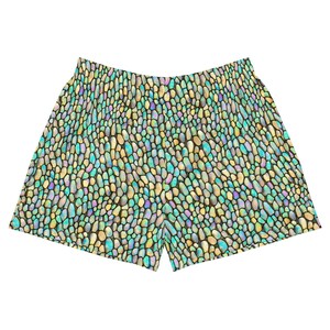 May include: Green, blue, and yellow patterned shorts with a mosaic-like design.