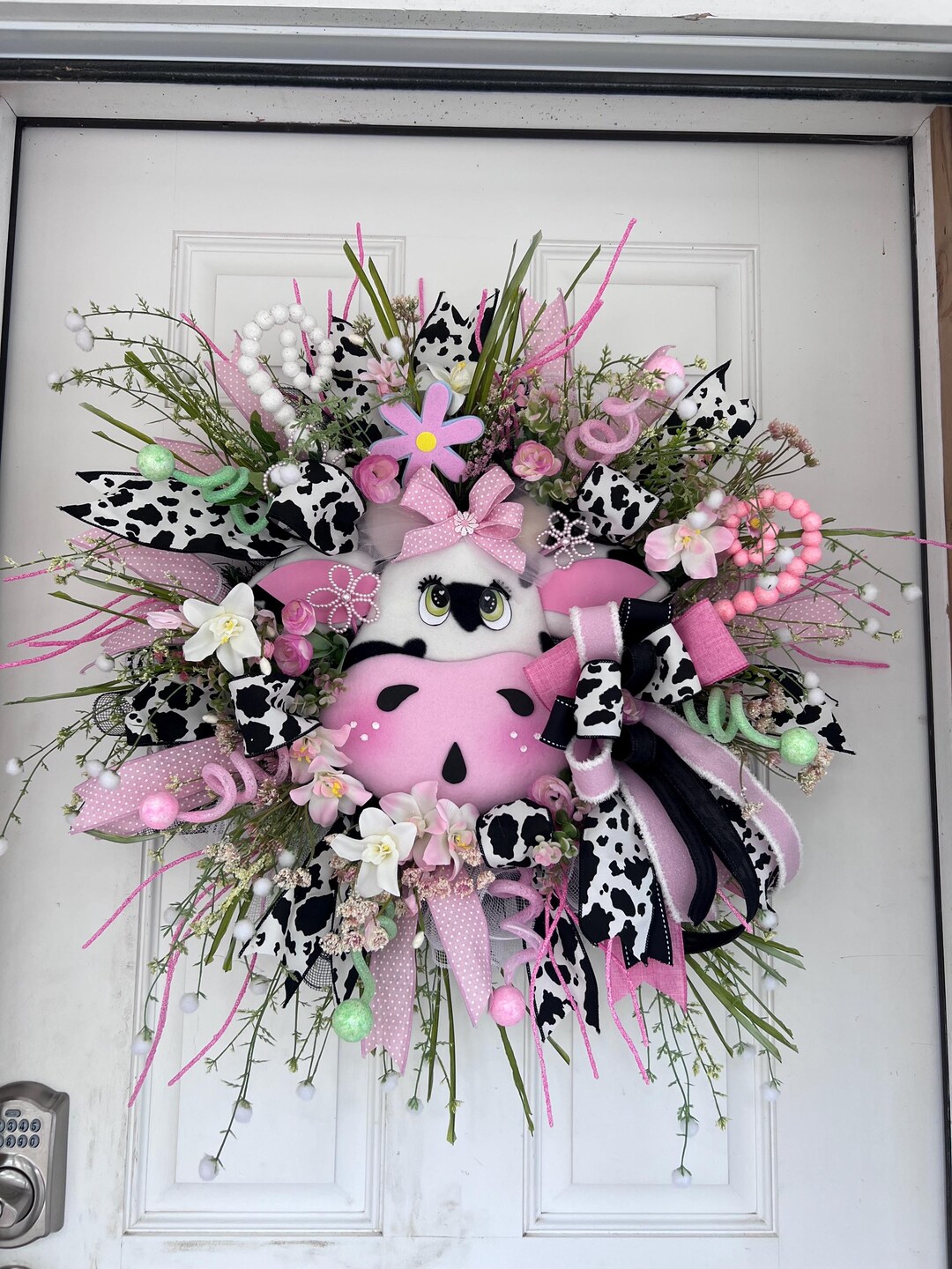 Cow Print Roses Cow Wreath With Pink Floral and Cow Print Ribbons - Etsy