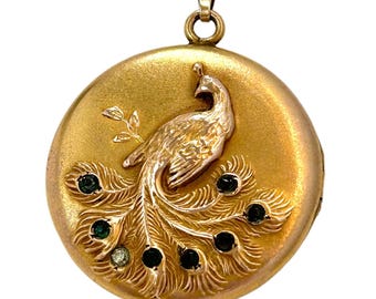 Antique Victorian Peacock Gold Filled Locket Necklace Paste Stones S&BL.Co. Early 1900s