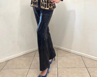 Pantalones de lentejuelas de seda negra, estilo disco para mujer, talla S/M