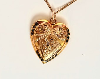 Gorgeous Antique Gold Filled Heart Locket Paste Stones Engraved Floral, Art Deco Heart Locket Necklace