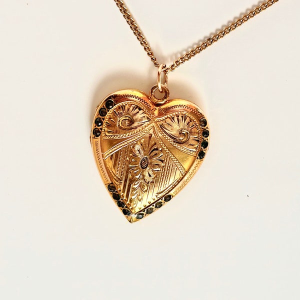 Gorgeous Antique Gold Filled Heart Locket Paste Stones Engraved Floral, Art Deco Heart Locket Necklace