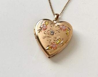 Vintage 1950s Heart Locket 14k Gold TK Hand Engraved Flower Art Deco Heart Locket Necklace