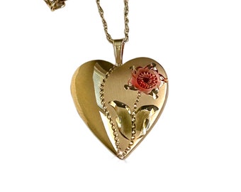 Vintage 1950s Heart Locket 14K Gold PPC Hand Engraved Flower Enamel Photo Frames Art Deco Keepsake Necklace