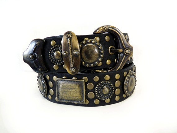 Vintage Leather Belt Brown Studded Rivets Brass Original by