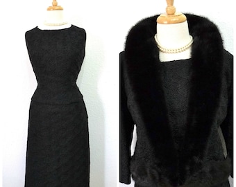 1950s Suit Jacket Skirt Top 3-piece Set Thorpe Furs Black Mink Collar Tweed Soutache Ribbon Women Suit