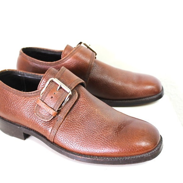 Vintage 80s shoes Brown Leather Florsheim Loafers Buckle Monk Strap Quality Shoes Mens 10