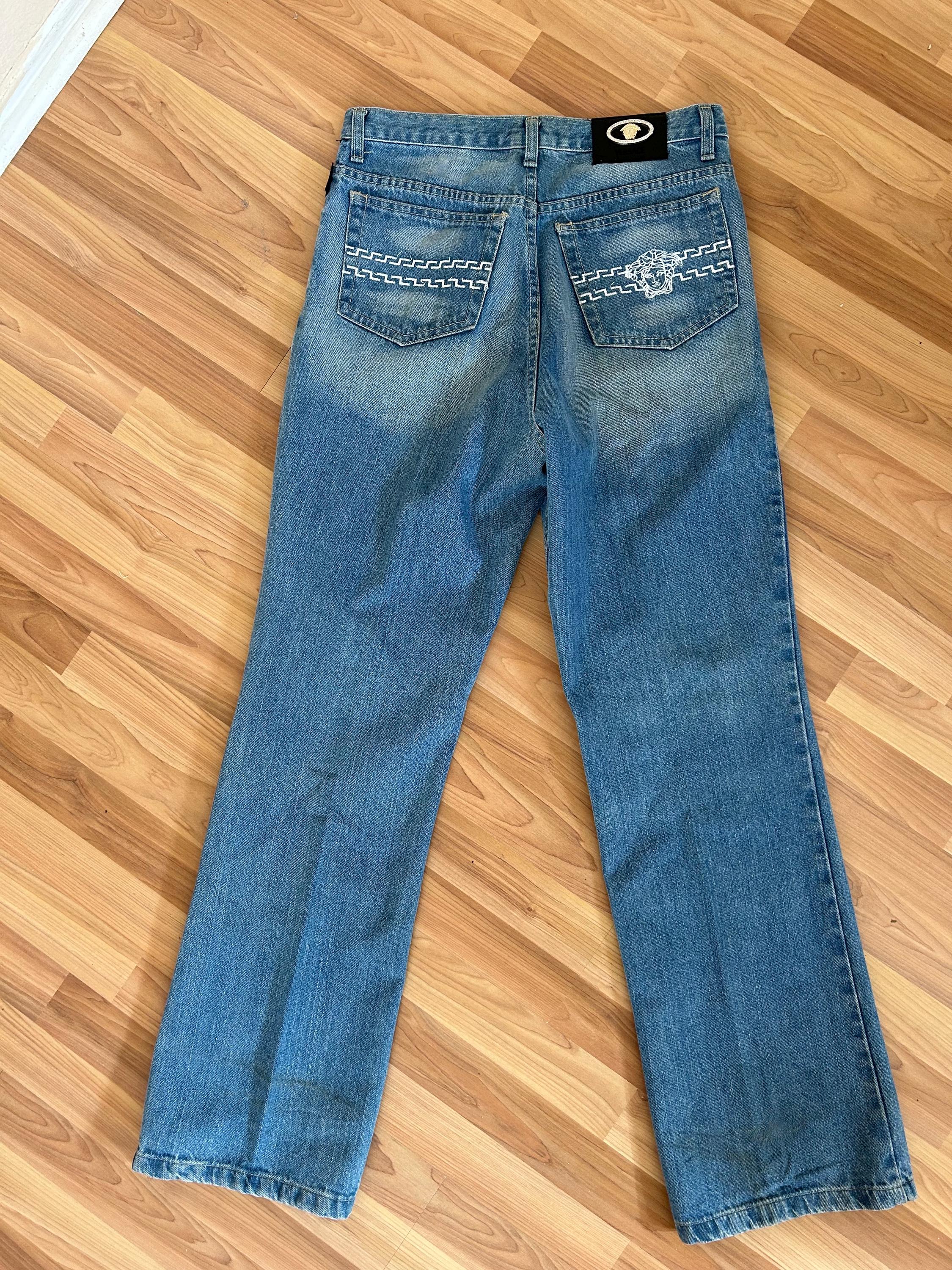 Vintage 90s Gianni Versace Couture Jeans Medusa Head Embroidered 