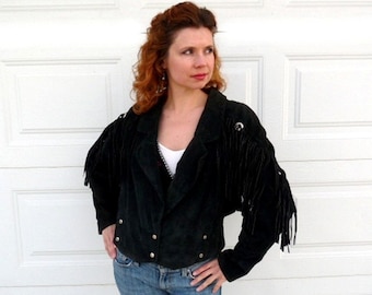 Vintage Black Suede Fringe Jacket: Southwestern Biker Style (S/M)