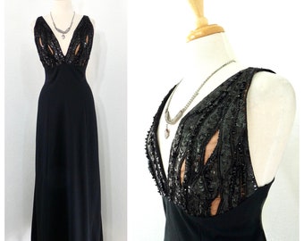 Kathryn Dianos Black Crepe Beaded Sequin Bust, V- neck Open Back Evening Maxi Dress