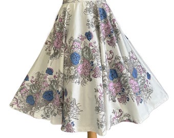 1950s Cotton Circle Skirt Flower print with Rhinestones and Pocket, Waist 26