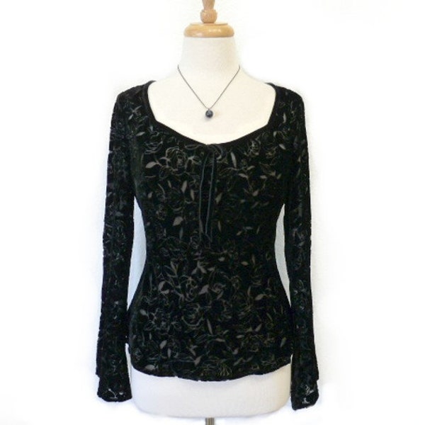 Vintage Black Velvet Blouse Floral Burnout Ann Taylor Evening Cocktail Party Dressy Top Small