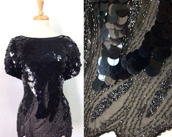 Oleg Cassini Black Sequin Beaded Blouse Evening Party