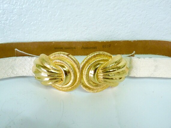 Vintage White Snake Leather Belt Dotty Smith Gold… - image 5