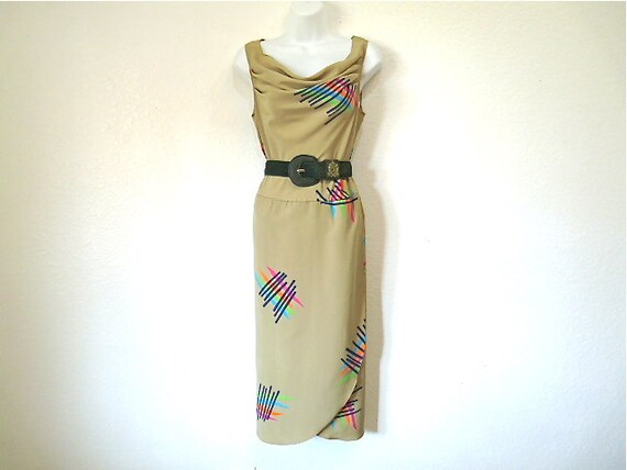 Vintage 1980s Dress Graphic design Cowl Neck Sleev