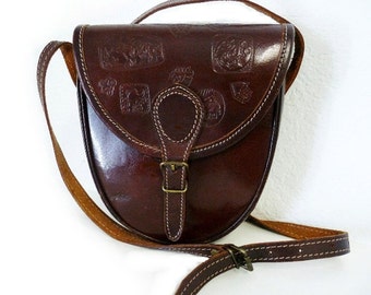 Vintage 1970s Bag Tooled Leather Brown flap Carved Inca Signs Symbols Shoulder Crossbody bag