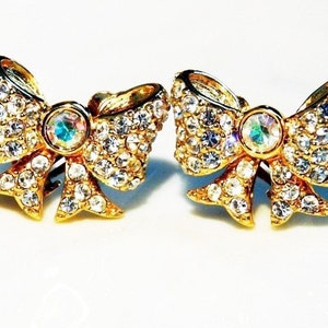 Vintage Swarovski Crystal Earrings SWAN Bow Clip On Wedding Holiday Party
