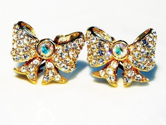 SWAN Earrings Bow Clip on Swarovski Crystal Aurora