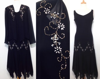 Vintage 1980s Dress and Top Set Black Flapper Beaded Handkerchief Evening Party Size Medium