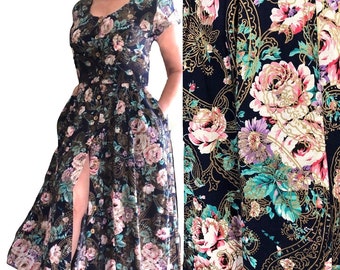 1980s Dress Cotton Floral Print cotton Full skirt Pockets, Summer dress  Medium / Large