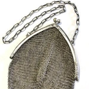 Antique 1800s Silver Mesh Chatelaine Purse Alpacca Engraved German Chain Kiss Clasp Purse Handbag image 2