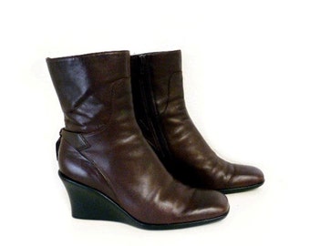 Wedge Boots Brown Leather Ankle Boots Nine West Zip Up Women Size 6.5