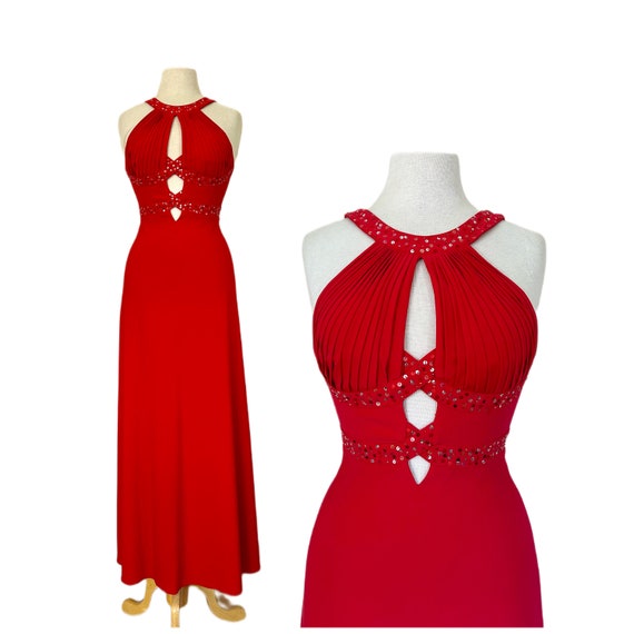 Fabulous 1990s  Halter Dress Red Sequined Open Ba… - image 2