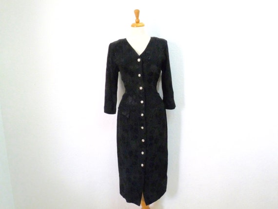 Vintage 1940s Dress Black Brocade Rayon Button fr… - image 3