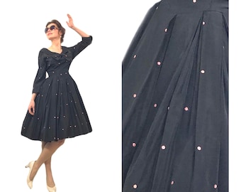 1950’s Lilli Diamond Black Cocktail Dress, Pink Polka Dot Embroidery Full Pleated Skirt  | Small