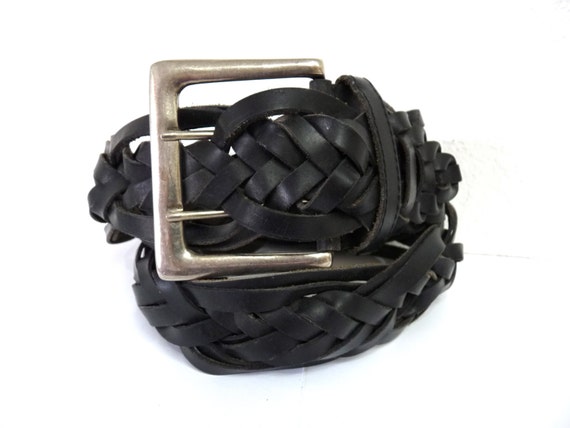 Vintage Black Belt Woven Baided Leather Belt Wide