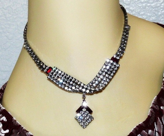 Vintage Necklace and Bracelet Set Crystal and Rub… - image 1