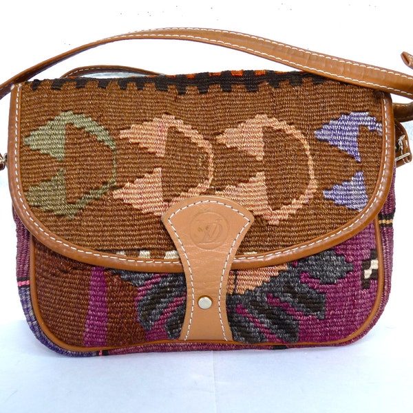 Kilim Woven Carpet bag, Leather Trim, Vintage 80s Navajo, Crossbody Shoulder Bag