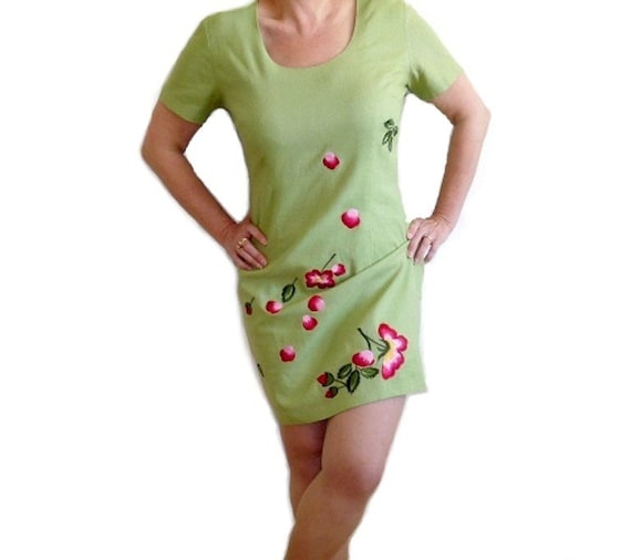 Vintage 1980s Dress Lime Linen Embroidered Floral