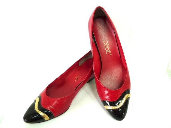 Vintage Pump hill shoes Red Black Gold Leather Co… - image 2