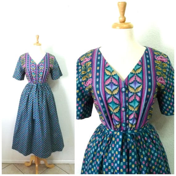 1970s Dress Green Pink Floral Print Tulip Cotton D